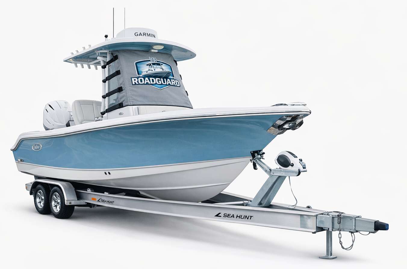 Marine RoadGuard windshield protection system on a trailered boat