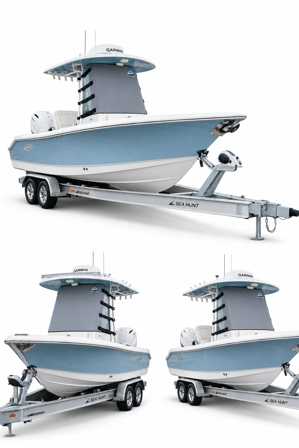 Marine RoadGuard product collage showing multiple views of the windshield protection system